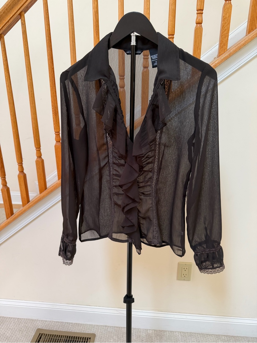 New York & Company Black Sheer Ruffle-Front Blouse with Lace Cuffs - Picture 2 of 4